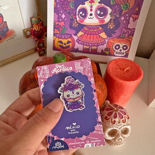 Pin Acrílico Glitter Día de Muertos