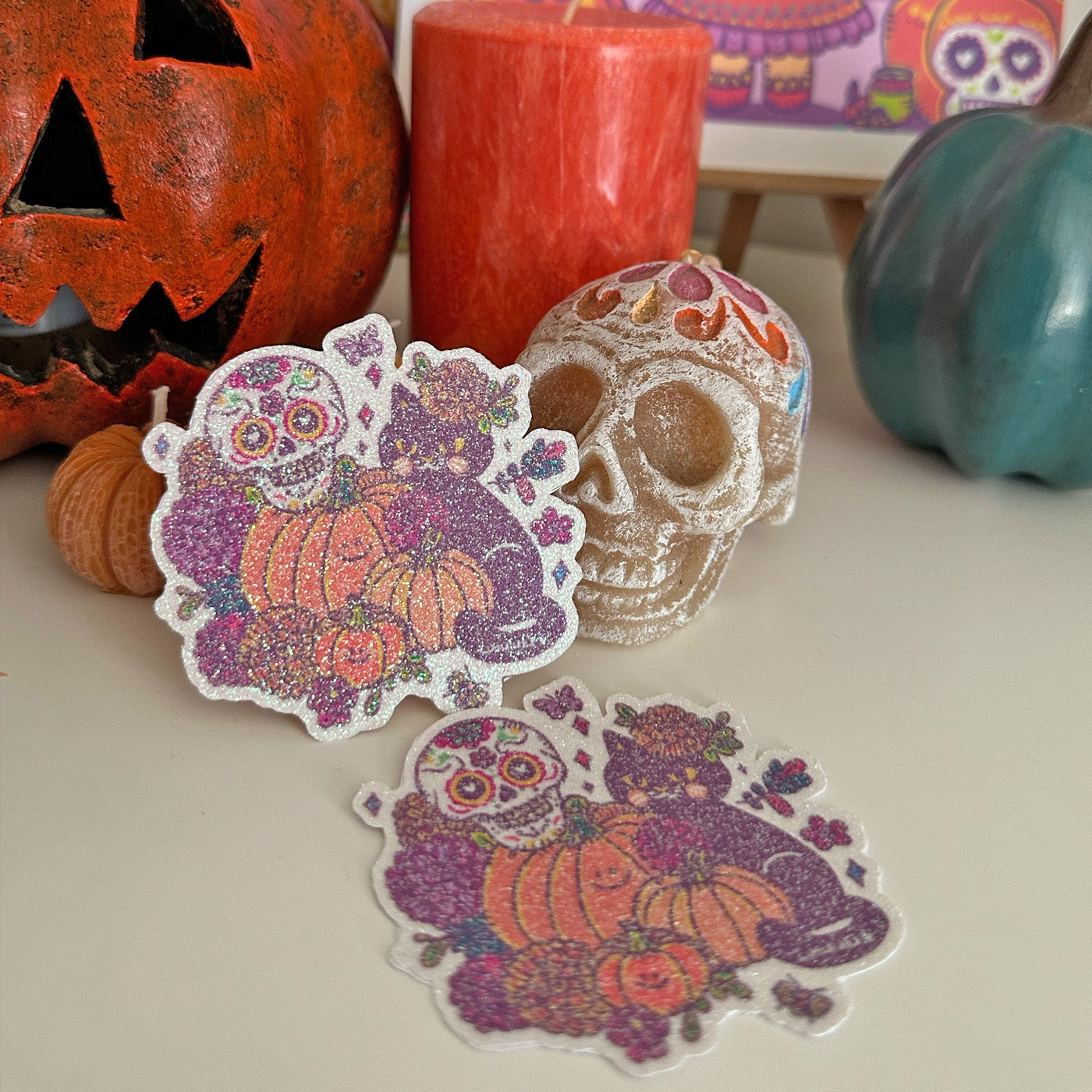 Sticker Glitter Gatito Halloween